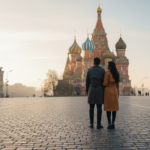 Indian couple standing in Red Square, Moscow, looking towards St. Basil's Cathedral in warm morning sunlight.