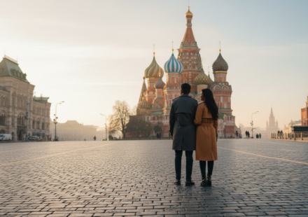 Indian couple standing in Red Square, Moscow, looking towards St. Basil's Cathedral in warm morning sunlight.