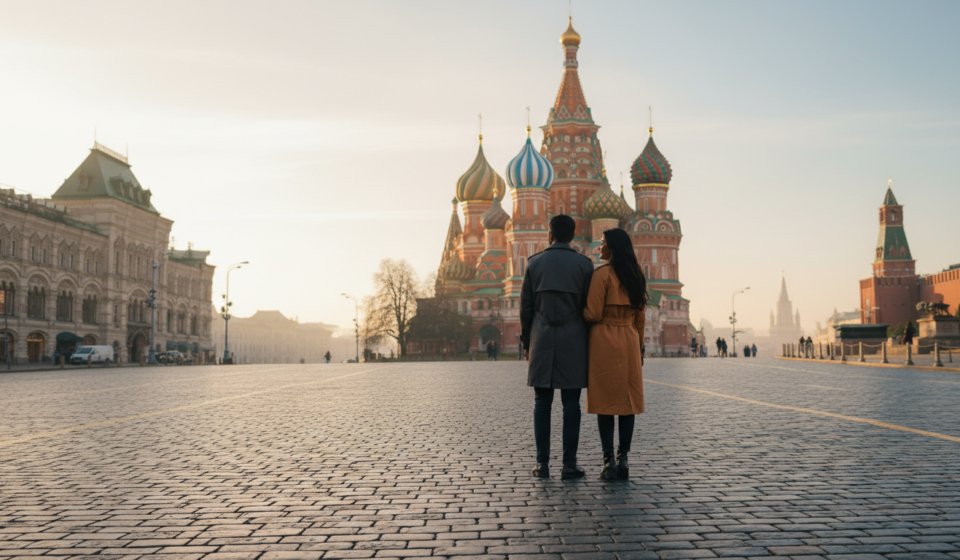 Indian couple standing in Red Square, Moscow, looking towards St. Basil's Cathedral in warm morning sunlight.
