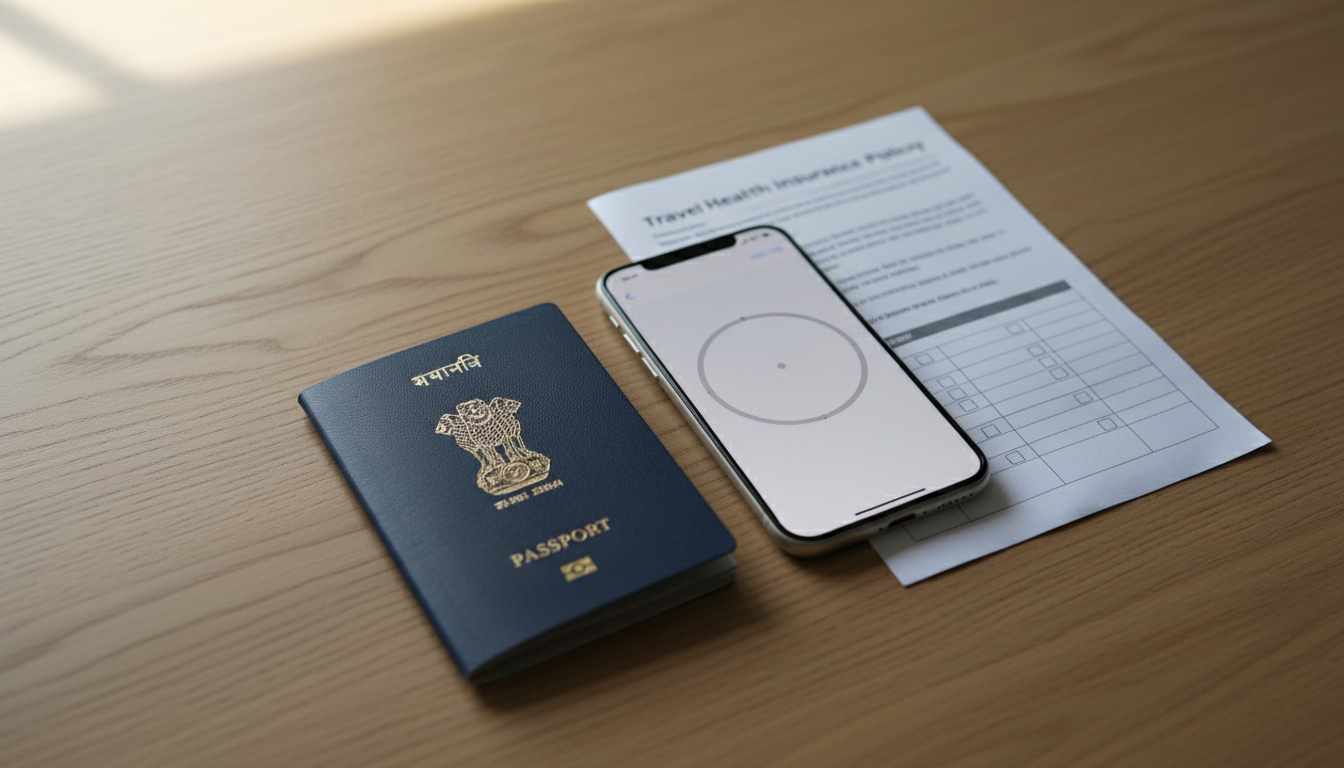 An Indian passport, smartphone, and travel insurance policy laid out neatly on a wooden tabletop.