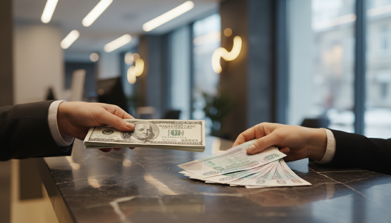 Close-up of hands exchanging foreign currency for Russian Ruble notes across a bank counter.