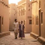 An Indian couple walking through the warm sandstone architecture of historic Diriyah in Saudi Arabia during late afternoon.