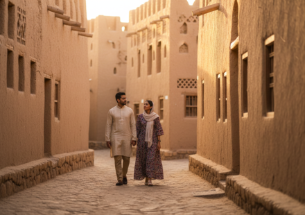 An Indian couple walking through the warm sandstone architecture of historic Diriyah in Saudi Arabia during late afternoon.