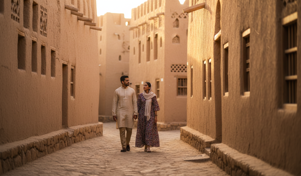 An Indian couple walking through the warm sandstone architecture of historic Diriyah in Saudi Arabia during late afternoon.
