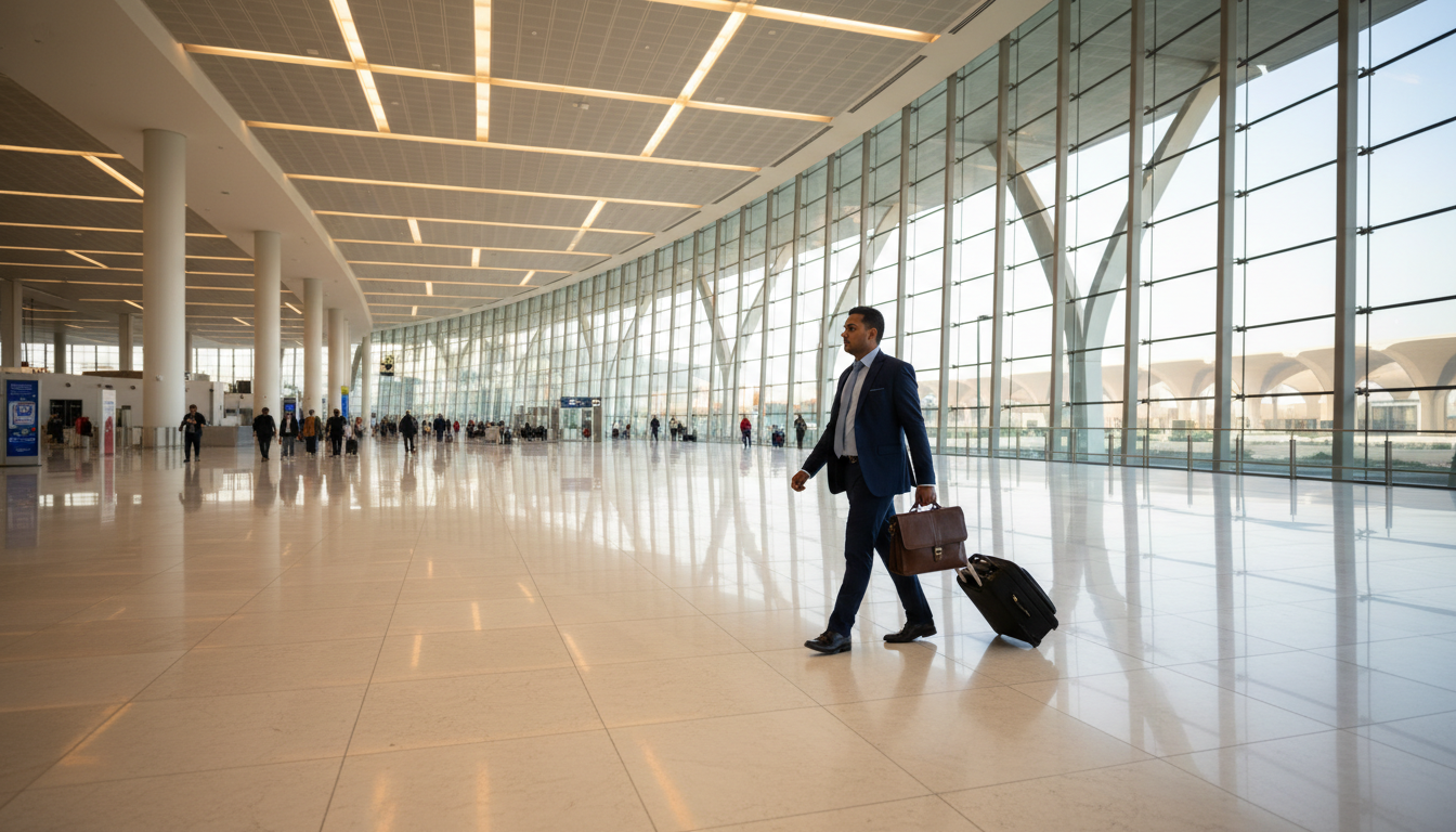 A traveller carrying a navy blue passport walking across a bright glass airport terminal in Riyadh.