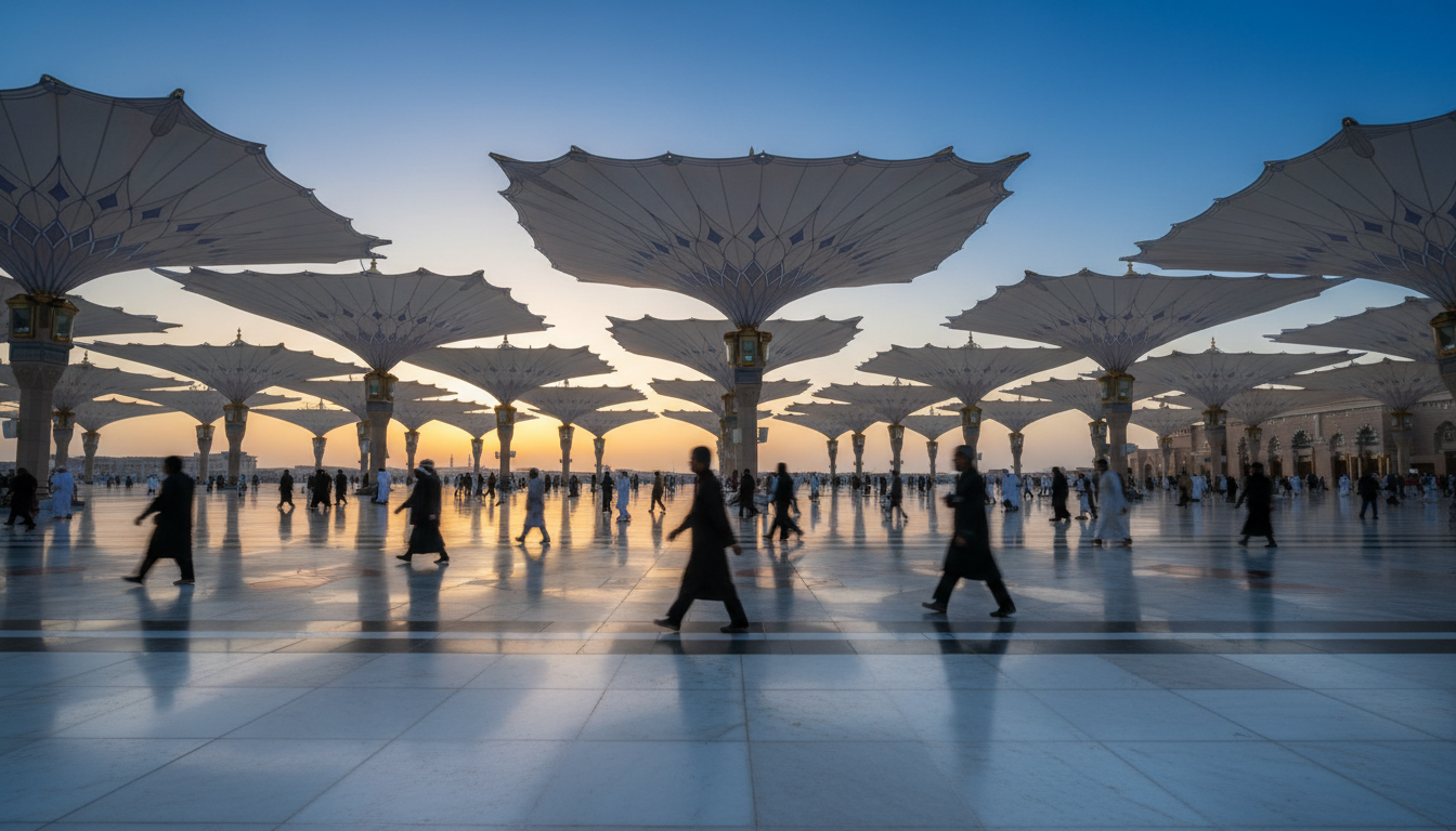 Courtyard of the Prophet Mosque in Madinah at dawn with large architectural umbrellas and marble floors.