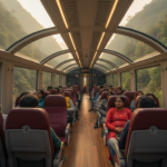 Interior view of a Vistadome train coach with large glass windows showing green mountain hills outside.