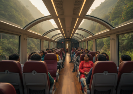 Interior view of a Vistadome train coach with large glass windows showing green mountain hills outside.