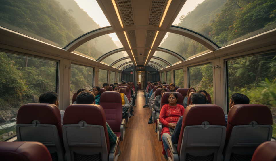 Interior view of a Vistadome train coach with large glass windows showing green mountain hills outside.