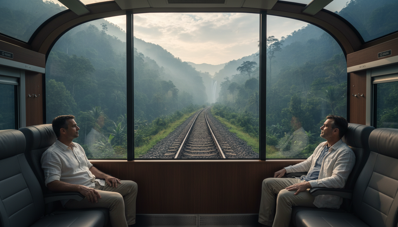 View looking back from the rear glass observation lounge of a train at railway tracks in a green valley.