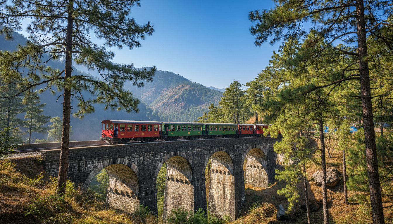 A narrow-gauge mountain train crosses a multi-arched stone bridge surrounded by pine trees.