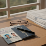 An Indian passport, passport photos, and organized travel paper documents arranged neatly on a wooden desk.