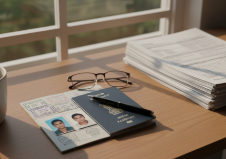 An Indian passport, passport photos, and organized travel paper documents arranged neatly on a wooden desk.