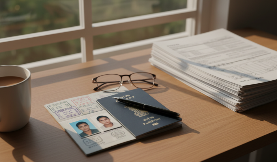 An Indian passport, passport photos, and organized travel paper documents arranged neatly on a wooden desk.