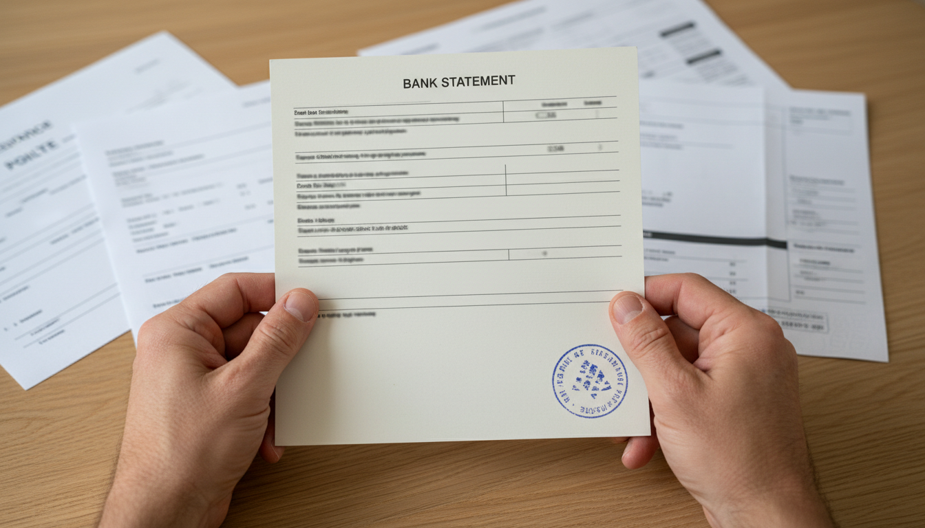 Hands holding a printed paper document showing a circular blue rubber bank stamp on a wooden table.