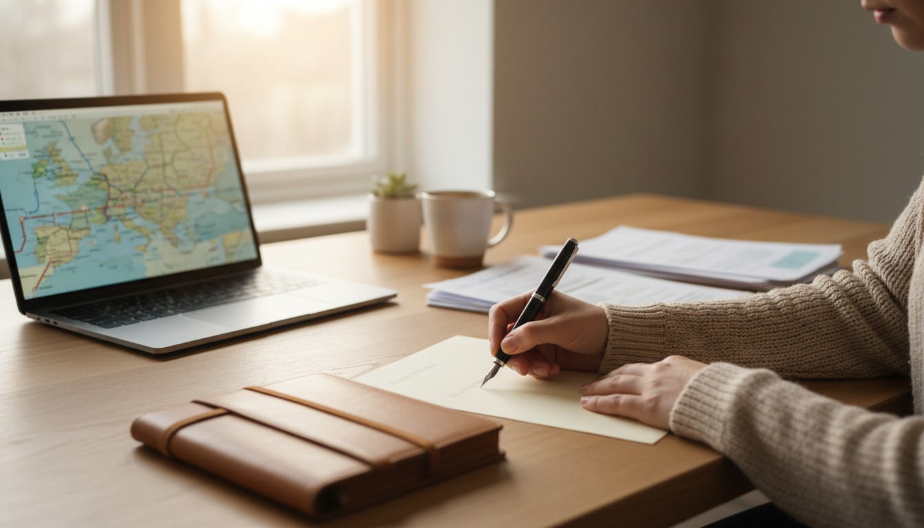 A person writing on paper at a wooden desk with printed travel itineraries and a laptop nearby.