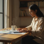 An Indian traveler organizing travel documents and a navy passport on a sunny wooden desk.