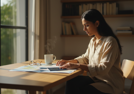 An Indian traveler organizing travel documents and a navy passport on a sunny wooden desk.