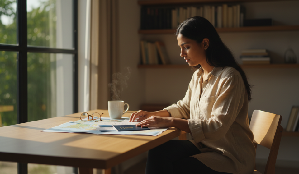 An Indian traveler organizing travel documents and a navy passport on a sunny wooden desk.