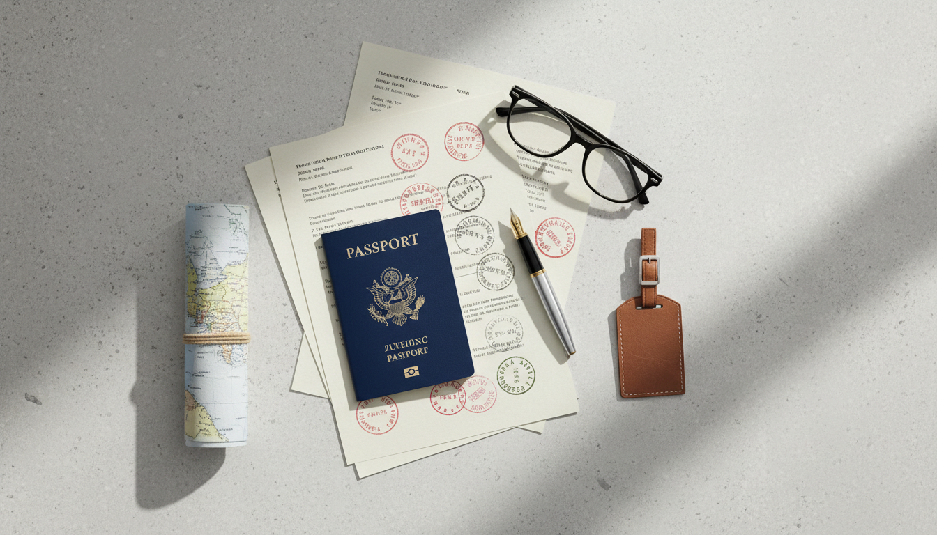 Flat-lay view of an organized travel dossier with a navy passport, paper documents, and a pen.
