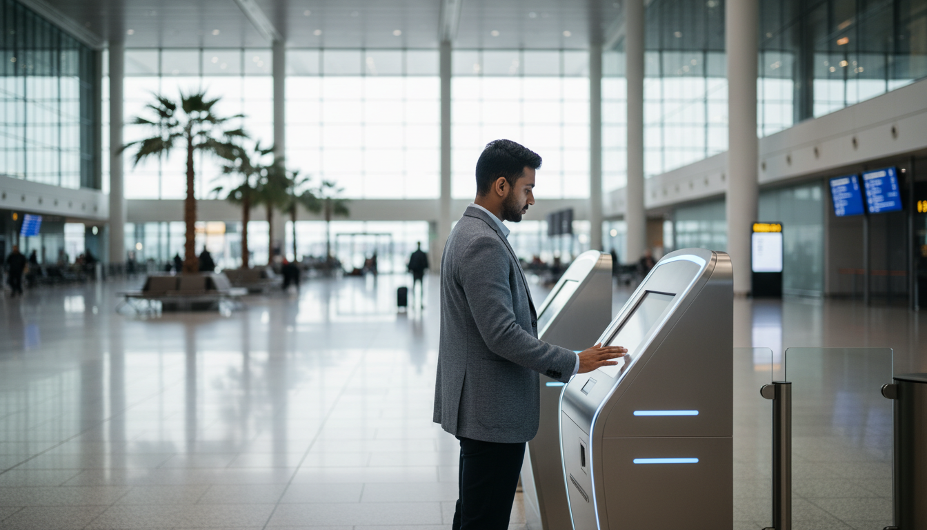 A traveler using a modern biometric kiosk in a bright international airport terminal.