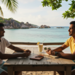 Indian couple sitting at a seaside table overlooking turquoise water and granite rock formations in Seychelles.