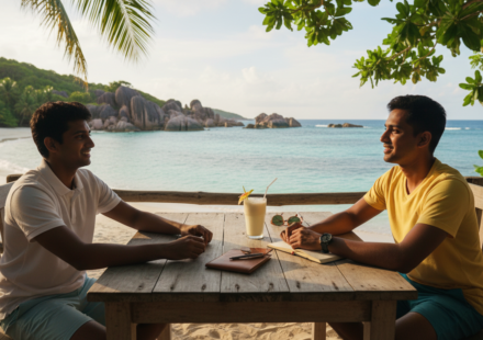 Indian couple sitting at a seaside table overlooking turquoise water and granite rock formations in Seychelles.