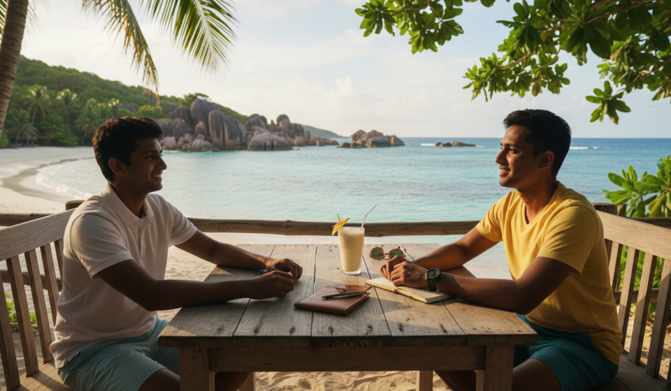 Seychelles Visa for Indian Passport Holders: Rules & STA Guide Indian couple sitting at a seaside table overlooking turquoise water and granite rock formations in Seychelles.