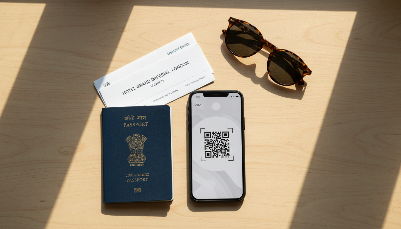 Seychelles Visa for Indian Passport Holders: Rules & STA Guide 1 Flat lay layout of an Indian passport, smartphone with a digital travel code, and printed hotel reservation forms.
