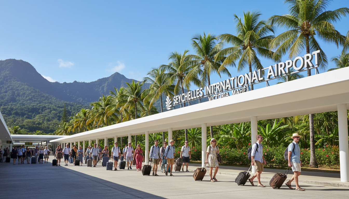 Seychelles Visa for Indian Passport Holders: Rules & STA Guide 2 Travelers with luggage walking along the open-air exterior walkway of Seychelles International Airport in Mahé.