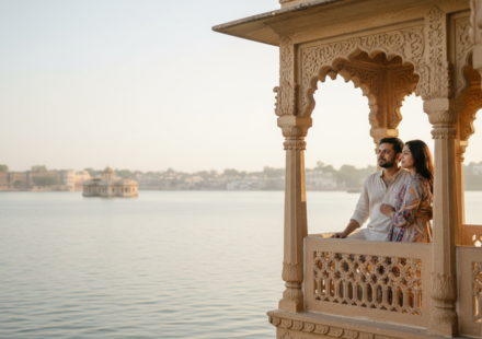 Couple on a heritage hotel balcony overlooking Lake Pichola in Udaipur at morning golden hour.
