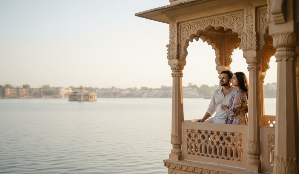 Couple on a heritage hotel balcony overlooking Lake Pichola in Udaipur at morning golden hour.