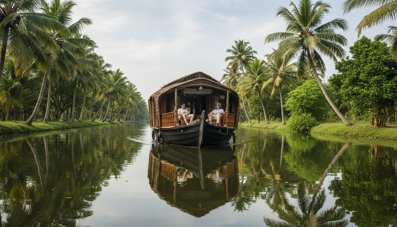 Traditional Keralite houseboat cruising down a tranquil backwater canal lined with palm trees.