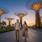 An Indian couple walking along a path below the glowing Supertrees at Gardens by the Bay during dusk.