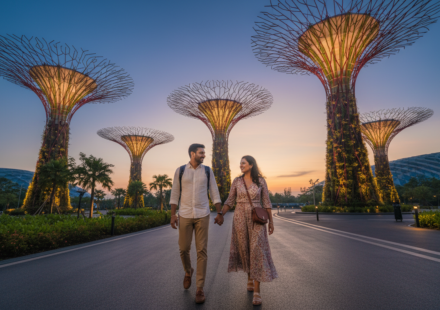 An Indian couple walking along a path below the glowing Supertrees at Gardens by the Bay during dusk.