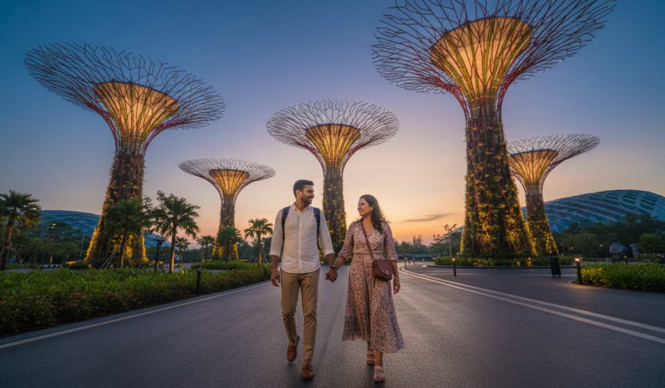An Indian couple walking along a path below the glowing Supertrees at Gardens by the Bay during dusk.