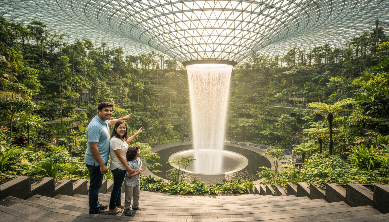 An Indian family looking at the large indoor waterfall surrounded by tropical plants at Jewel Changi Airport.