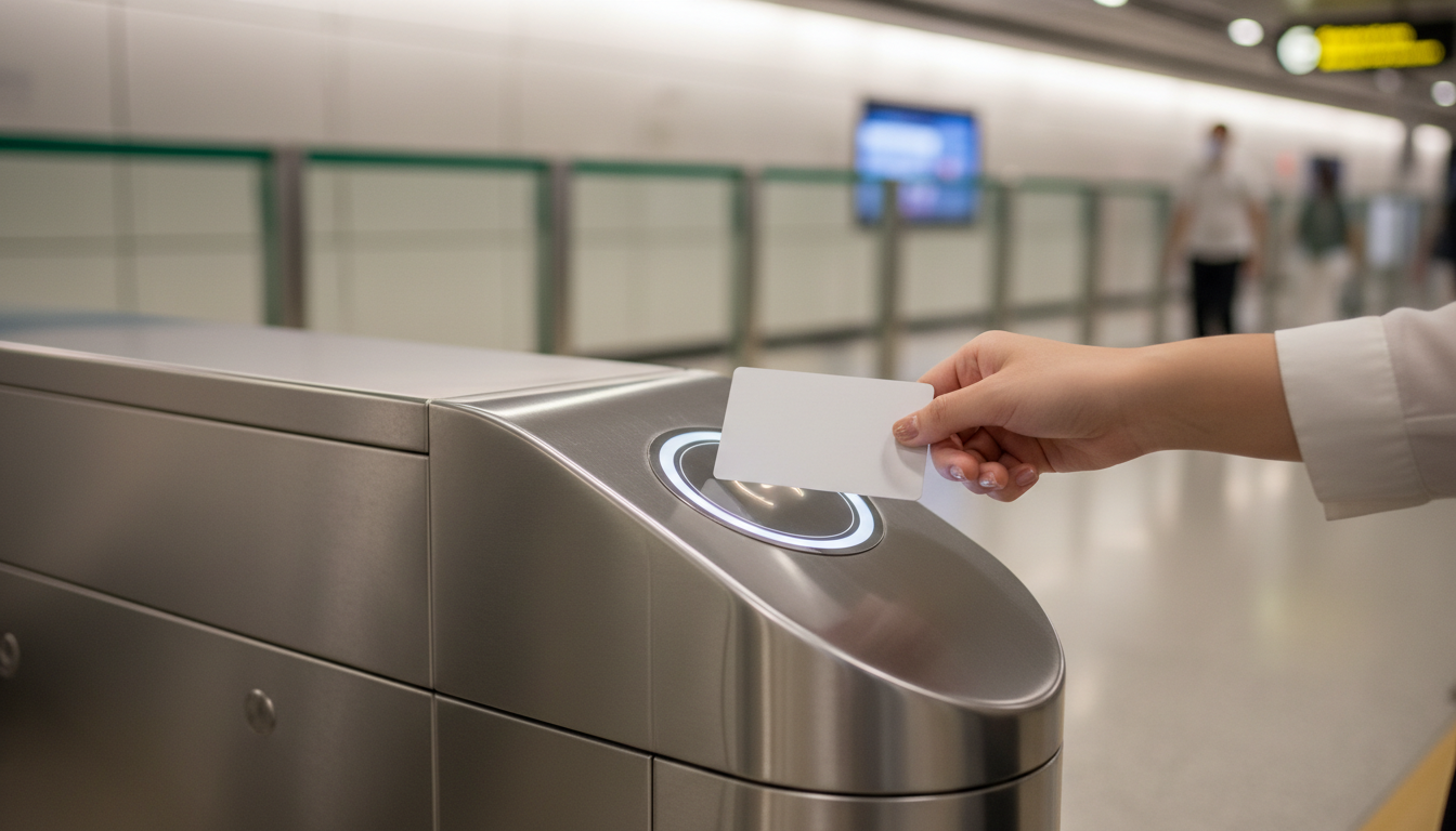 A traveler tapping a contactless payment card on an MRT turnstile glass gate sensor in Singapore.