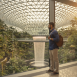 An Indian traveler standing by a panoramic window overlooking Changi Airports indoor garden during golden hour.