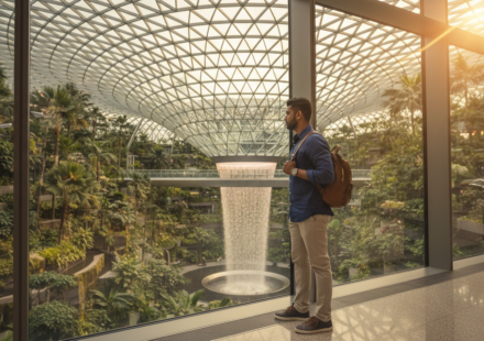 An Indian traveler standing by a panoramic window overlooking Changi Airports indoor garden during golden hour.