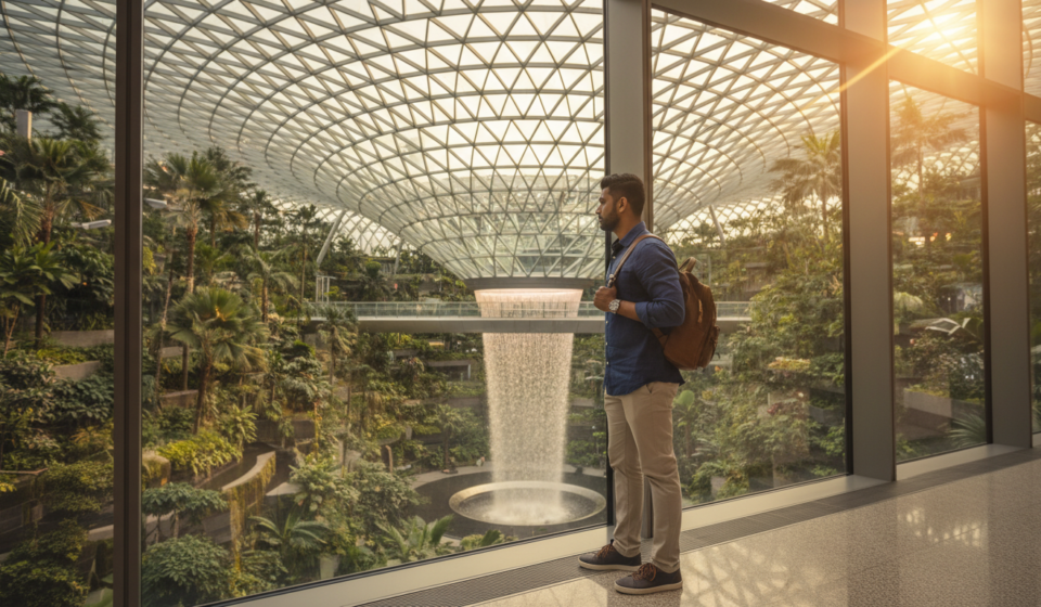Singapore Tourist Visa Guide for Indian Passport Holders (2026) An Indian traveler standing by a panoramic window overlooking Changi Airports indoor garden during golden hour.