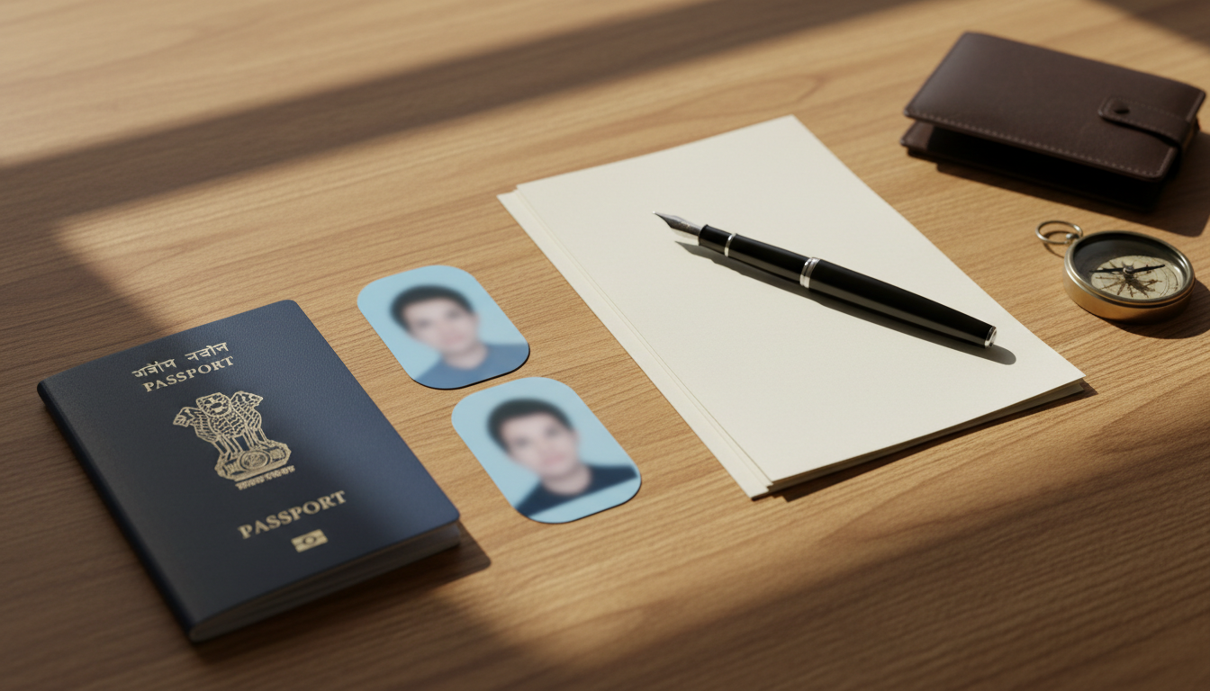 Singapore Tourist Visa Guide for Indian Passport Holders (2026) 1 An Indian passport, matte photos, and trip documents organized neatly on a wooden tabletop.