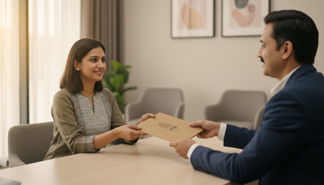 Singapore Tourist Visa Guide for Indian Passport Holders (2026) 2 A traveler sitting at a desk while a representative hands over a travel document folder.