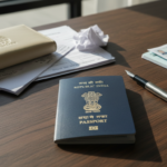 An open Indian passport resting on a wooden desk next to a pen, reading glasses, and visa documents.