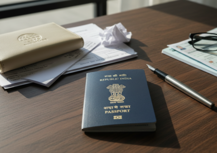 An open Indian passport resting on a wooden desk next to a pen, reading glasses, and visa documents.