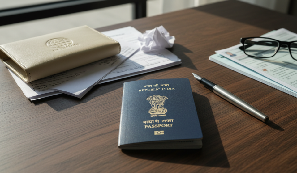 An open Indian passport resting on a wooden desk next to a pen, reading glasses, and visa documents.