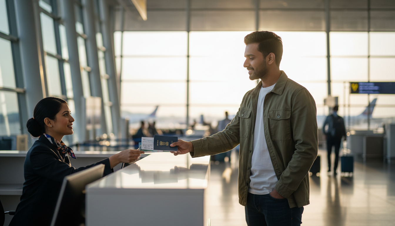 A traveler handing their passport to an airline staff member at an airport check-in desk.