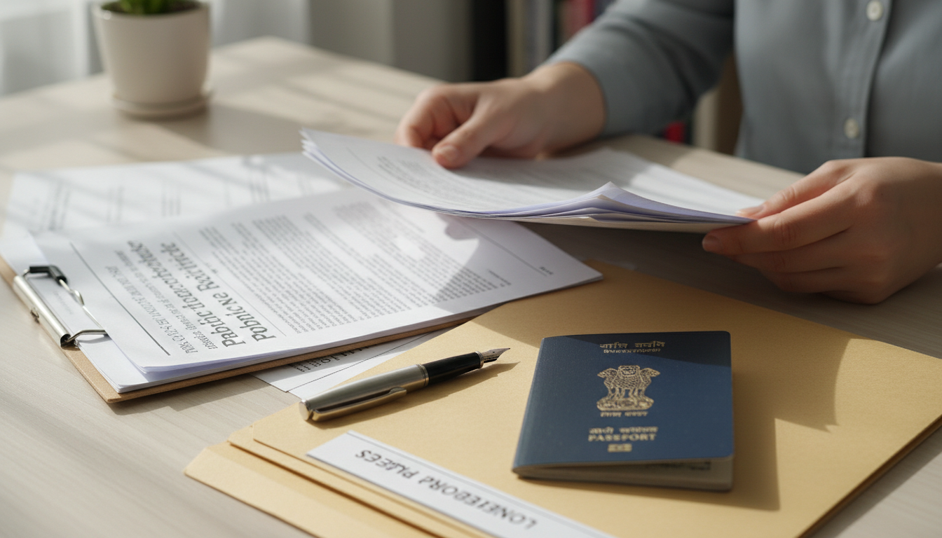 A person organizing legal documents, newspaper clippings, and a passport on a desk.