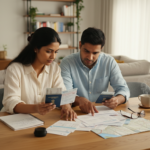 An Indian couple reviewing passports and travel documents at a wooden dining table in a brightly lit room.