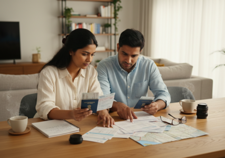 An Indian couple reviewing passports and travel documents at a wooden dining table in a brightly lit room.